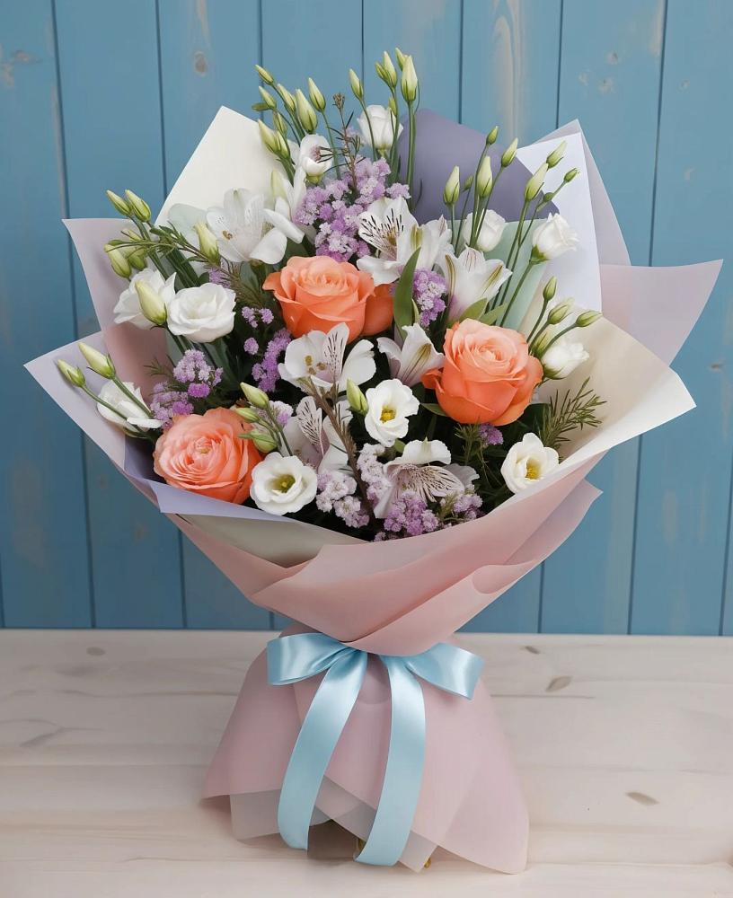 Букет цветов из: Лизиантусы, Розы, Альстромерии и Гипсофила в Северобайкальске